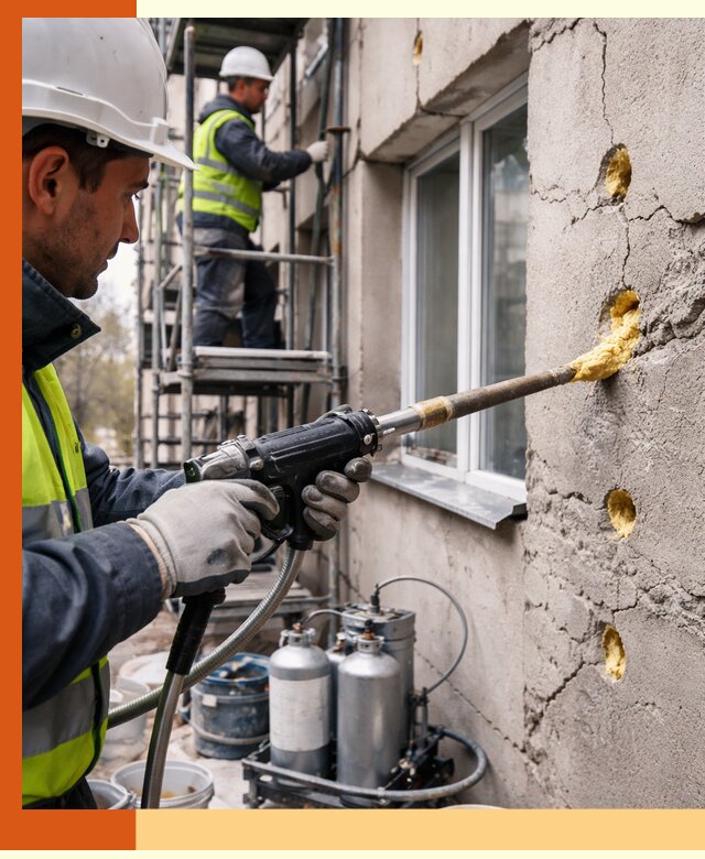 Заполнение пустот в фасаде и утепление стен в Железногорске